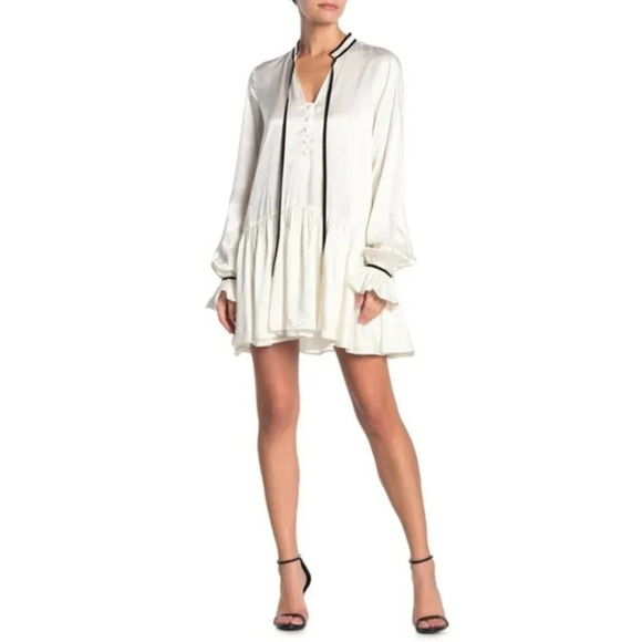 Revolve Tularosa Malia Mini Dress Shift Ivory Neck Tie Ruffle flare Sleeve XS - Picture 1 of 16